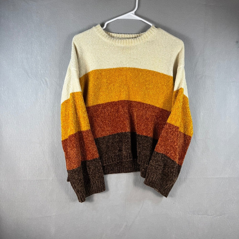 Volcom Womens Chenille Striped Sweater Earth Tone Crew Neck Pullover Small